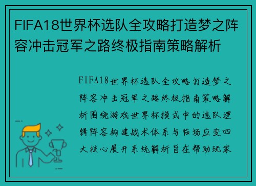 FIFA18世界杯选队全攻略打造梦之阵容冲击冠军之路终极指南策略解析